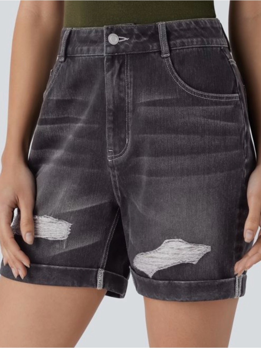 Halara Flex High Waisted Distressed Rolled Hem Washed black denim shorts! Large!